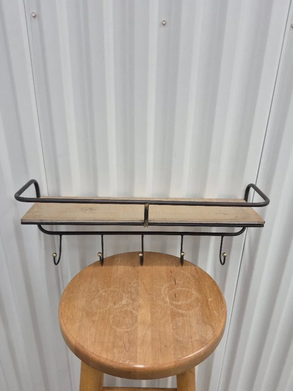 Metal And Wood 5 Hook Wall Shelf w/ Gold Accents 19